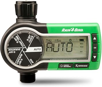 Rain Bird ZA84002 Programador de grifo digital para jardín Gran pantalla panorámica que permite una programación sencilla Sólo gira la rueda de la izquierda y sigue los pasos en pantalla