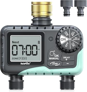 RAINPOINT Programador Riego 2 Salidas con Entrada de Latón, Temporizador de Riego Automatico con Retraso por Lluvia/Riego Manual, Programador de Riego a Pilas para Jardín, Césped
