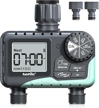 RAINPOINT Programador Riego 2 Salidas, Temporizador de Riego Automatico Impermeable IP65 con Retraso por Lluvia/Riego Manual, a Pilas, para Jardín, Césped