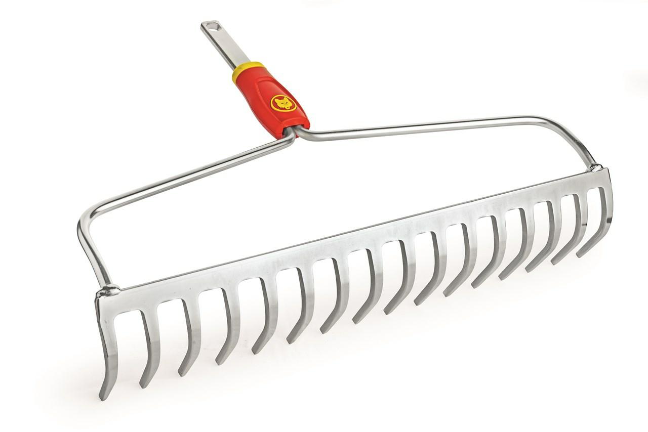 Rastrillo curvado WOLF-Garten DO-M 40, herramienta de jardinería de 40 cm, ideal para alisar y preparar suelos, diseño ergonómico y duradero para trabajos de precisión.