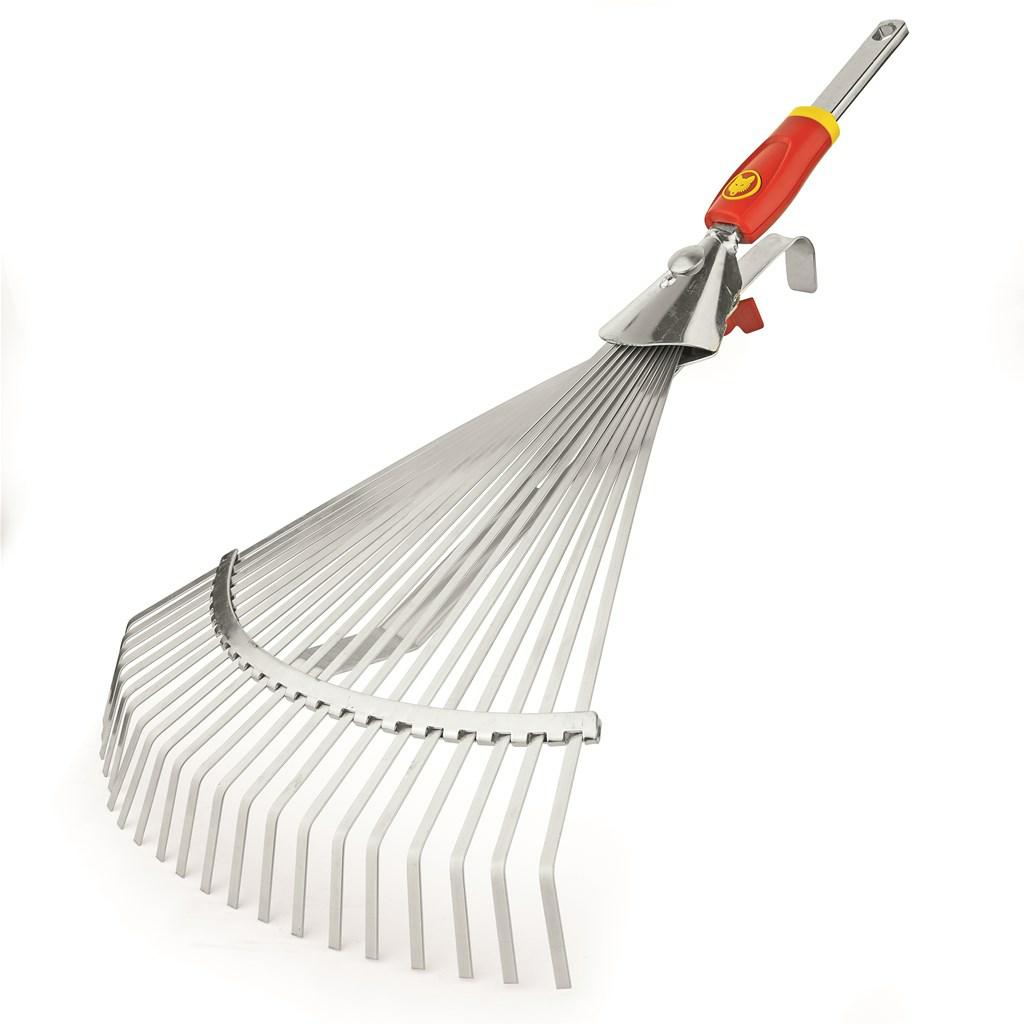 Rastrillo de jardín ajustable Wolf Garten modelo UC-M, herramienta ideal para recoger hojas, césped y escombros, con ajuste de ancho y diseño ergonómico para facilidad de uso