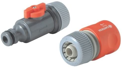 Set de conexión para manguera de riego por goteo de Gardena: grifería para manguera Gardena, pieza de conexión con válvula de regulación de inicio del riego y conector stop para finalizarlo (1989-20)