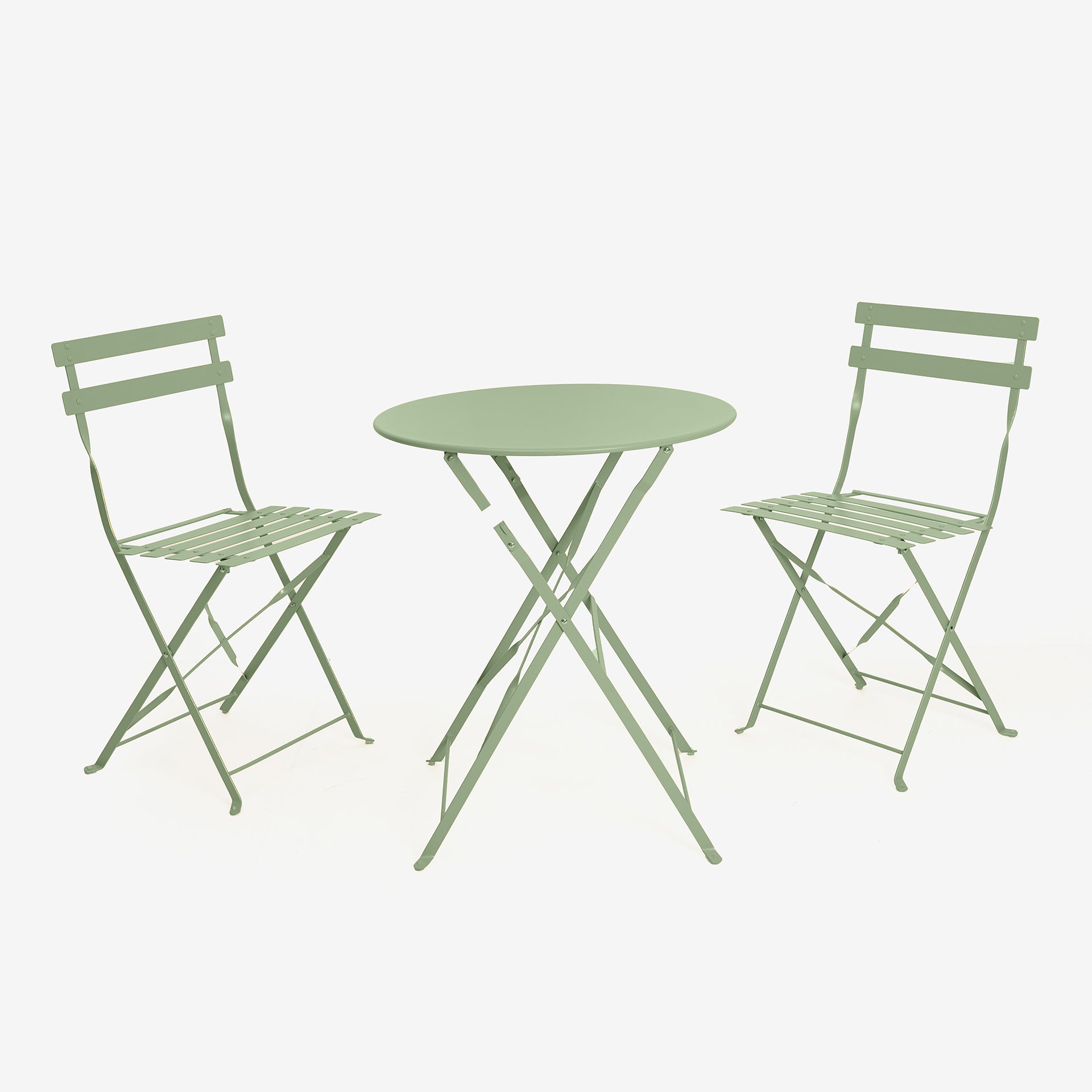 Set de jardín de mesa y 2 sillas de acero verde Bistro