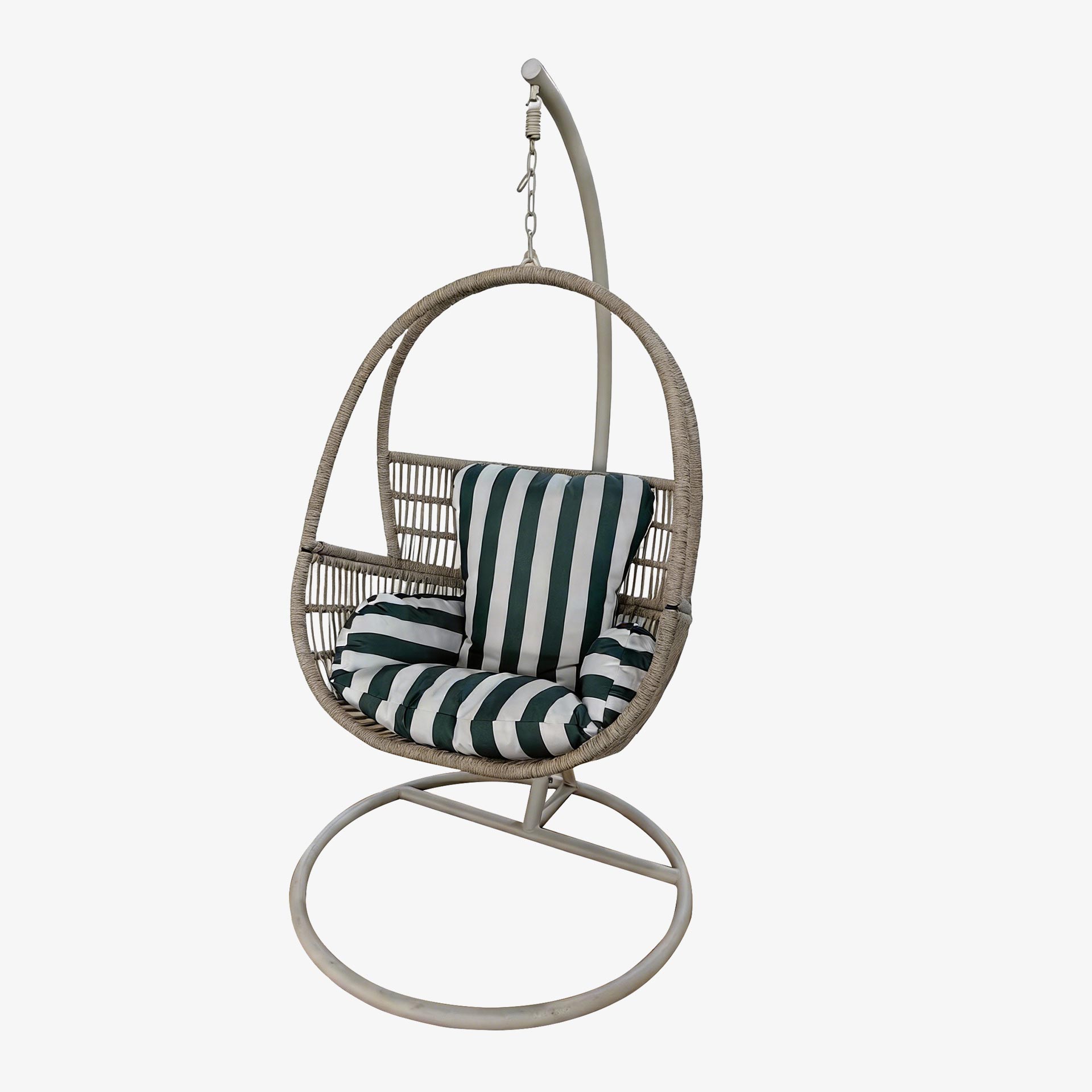 Sillón colgante de jardín con cojín a rayas verde y blanco