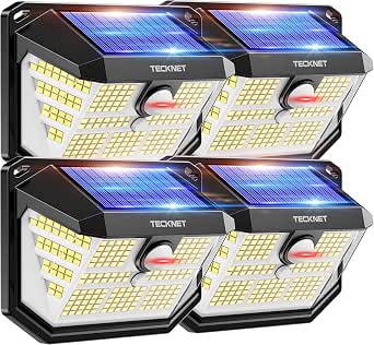 TECKNET Luz Solar Exterior Jardin con Sensor Movimiento, 4 Paquete/3 Modos