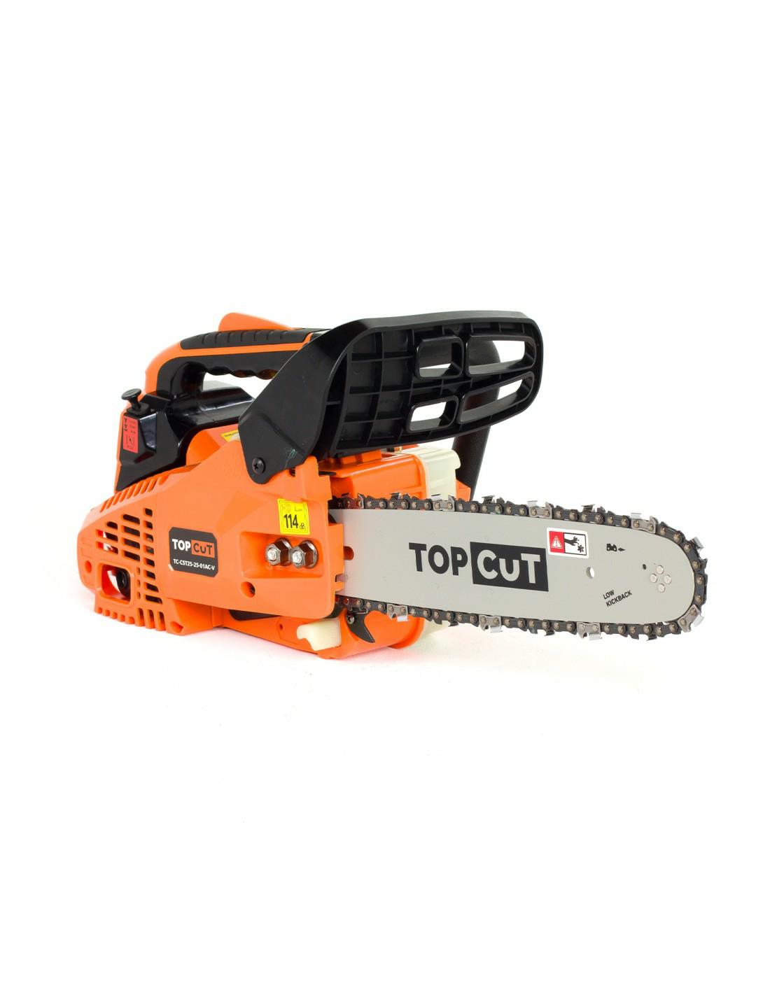TOP CUT Motosierra de gasolina de 25 cc – Motosierra de 2 tiempos – Precisión y seguridad para jardín y carpintería, longitud guía 30 cm