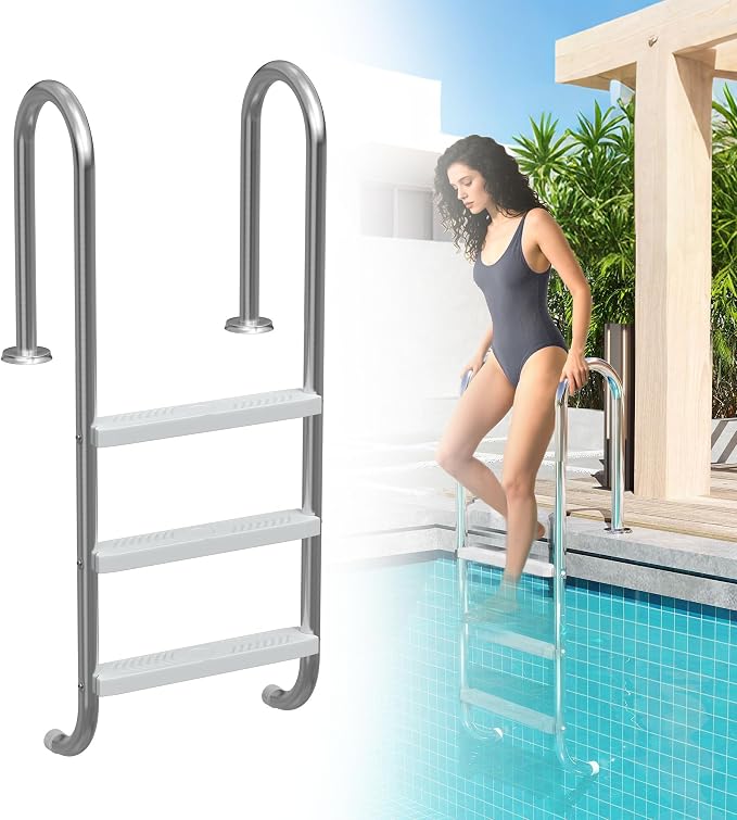 UISEBRT Escalera de Piscina de Acero Inoxidable 304 con 3 Peldaños, 132 x 54 x 26,5 cm - Plata, con Protección Antideslizante y Pasamanos