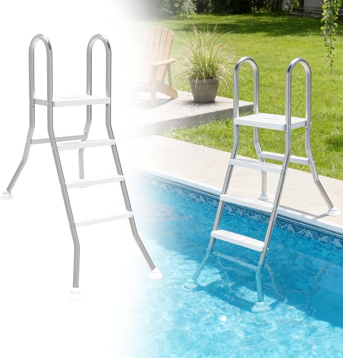 UISEBRT Escalera de piscina de acero inoxidable 304 | Escalera de piscina con 3 peldaños de hasta 110 cm de altura | Escalera de piscina plateada con protección antideslizante soporta hasta 150 kg |