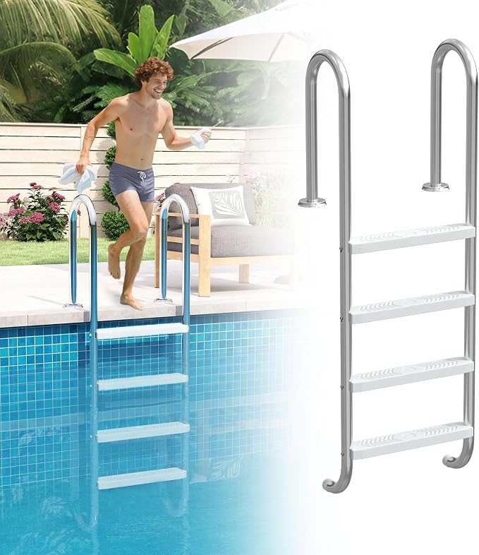 UISEBRT Escalera De Piscina De Acero Inoxidable 304 | Escalera De Piscina De 4 Escalones | 157 X 54 X 26.5 Cm - Plata | Escalera De Entrada Con Protección Antideslizante