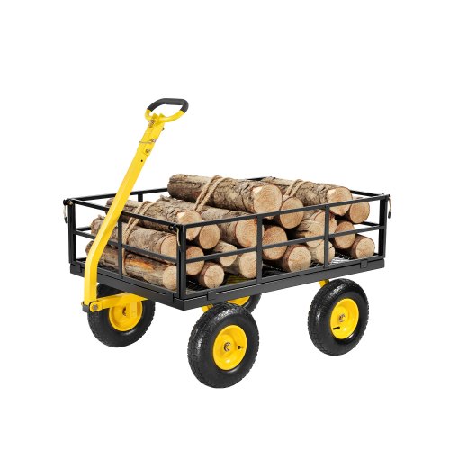 VEVOR 2 en 1 Carrito de Jardín de Acero de 2125 x 750 x 670 mm con Neumáticos Todoterreno de 13", Laterales de Malla Extraíbles y Manija Giratoria de 180°,  Carga de 544,31 kg, Amarillo y Negro