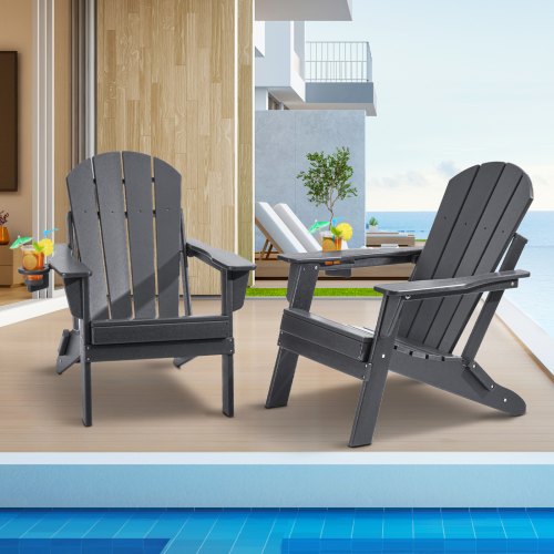VEVOR 2 Juegos de Sillas Adirondack de Plástico Plegables y Portátiles de 800 x 755 x 915 mm para Exteriores, con Portavasos, Reposabrazos Relajante y Ergonómico para Jardín, Patio trasero, Gris