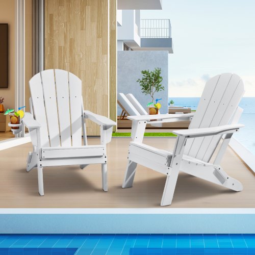 VEVOR 2 Juegos de Sillas Adirondack de Plástico Plegables y Portátiles de 800 x 755 x 915 mm para Exteriores, con Portavasos, Reposabrazos Relajante y Ergonómico para Jardín, Patio trasero, Blanco
