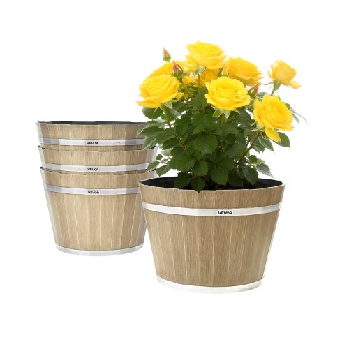 VEVOR 4 Piezas de Macetas, Maceta de 300 x 210 mm con Forma de Barril de Whisky y Orificios de Drenaje, Material de Plástico, para Plantas de Interior y Exterior, Jardín y Hogar, Color Marrón