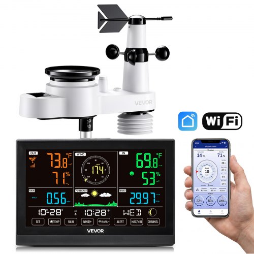 VEVOR 5 en 1 Estación Meteorológica Solar Wifi, con Pantalla VA de 190,5 mm, Sensor Solar Exterior, Pronóstico del Tiempo, Temperatura, Humedad, Precipitaciones, Velocidad y Dirección del Viento