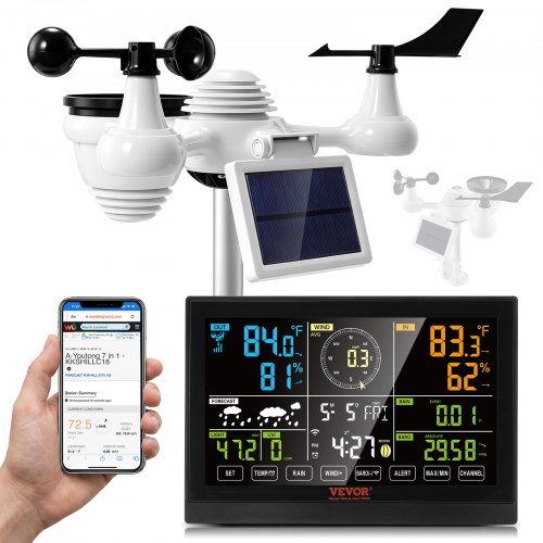 VEVOR 7 en 1 Estación Meteorológica Inalámbrica Wifi Interior Exterior Gran Pantalla a Color 19 cm (7.5-inch) Estación Meteorológica Digital Temperatura Humedad Velocidad Dirección del Viento Sensor de Lluvia