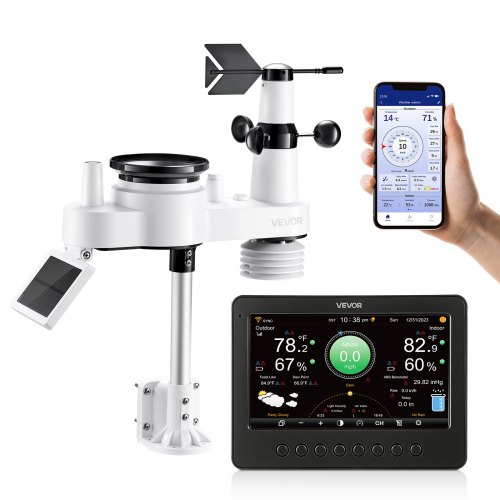 VEVOR 7 en 1 Estación Meteorológica Solar Wifi, con Pantalla TFT de 177,8 mm, Sensor Solar Exterior, Temperatura, Humedad, Lluvia, Velocidad del Viento, Dirección del Viento, Rayos UV y Luz Solar