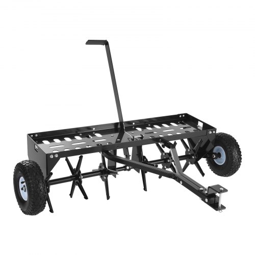 VEVOR Aireador de Césped con Esparcidor Aireador Ancho de Trabajo 101 cm, Herramienta para Jardinería, Enganche de Remolque para Tractores, Profundidad 7,62 cm, con Bandeja y Ruedas, Carga 54,43 kg
