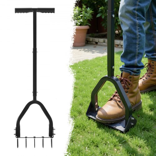 VEVOR Aireador de Césped con Plataforma Ancha para Pies Soporta 90 kg, Mango Largo de 58 cm, 15 Púas de Acero de 6 cm, Herramienta de Aireación de Césped Manual para Jardín Zonas para Mascotas y Patio