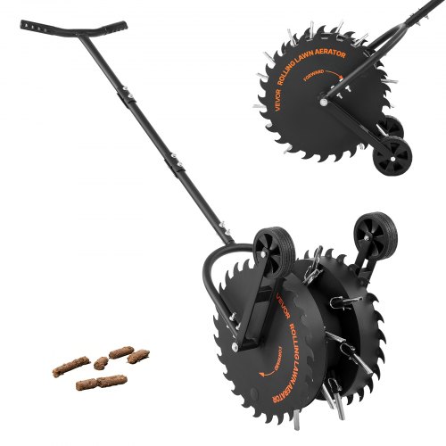 VEVOR Aireador de Césped Rodante con 16 Púas, 5 cm de Profundidad, Mango de 147 cm, Soporta hasta 21 kg, Herramienta de Aireación de Césped Manual de Acero para Zonas para Mascotas Patio y Jardín