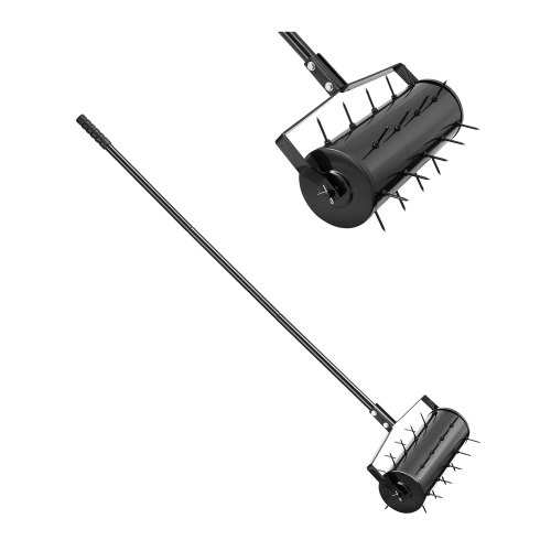 VEVOR Aireador de Césped Rodante Manual Resistente de 457,2 mm con Mango Desmontable y 27 Púas de Hierro, Herramienta de Aireación de Césped Rodante para Jardín, Suelos Compactados y Césped, Negro
