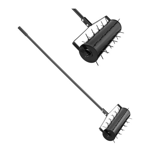 VEVOR Aireador de Césped Rodante Manual Resistente de 533,4 mm con Mango Desmontable y 33 Púas de Hierro, Herramienta de Aireación de Césped Rodante para Jardín, Suelos Compactados y Césped, Negro