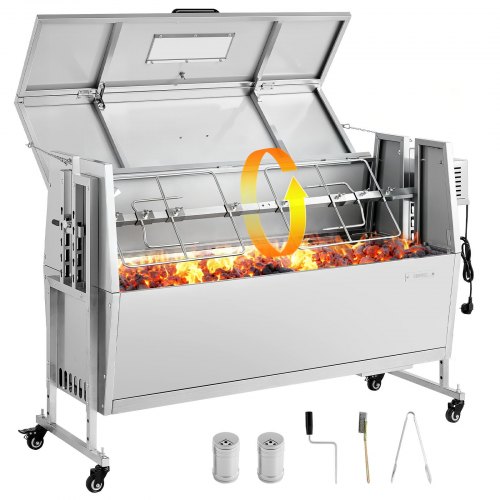 VEVOR Asador Giratorio 1168,4 mm Motor de 38 W, 4 Niveles de Altura, Capacidad de Carga de 60 kg, Parrilla de Acero Inoxidable con Ruedas, Rotación Suave de 360°, para Fiestas, Barbacoas, Acampadas