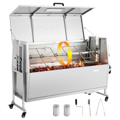 VEVOR Asador Giratorio 1320 mm Motor de 38 W, 4 Niveles de Altura, Capacidad de Carga de 60 kg, Parrilla de Acero Inoxidable con Ruedas, Rotación Suave de 360°, para Fiestas, Barbacoas, Acampadas
