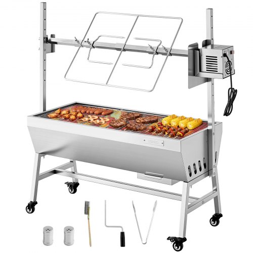 VEVOR Asador Giratorio Eléctrico 7 Niveles de Altura, Capacidad de Carga de 60 kg, Motor de 38 W, de Acero Inoxidable, con Ruedas, Rotación Suave de 360°, Parrilla para Fiestas, Barbacoas, Acampadas