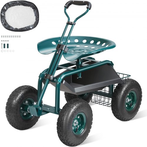 VEVOR Asiento de Jardín con Ruedas Taburete de Jardinería Giratorio de 360° con Ruedas Inflables Carro de 25,4cm con Asiento 760x450x960 mm Mango Extensible Bandeja de Herramientas para Patio Exterior