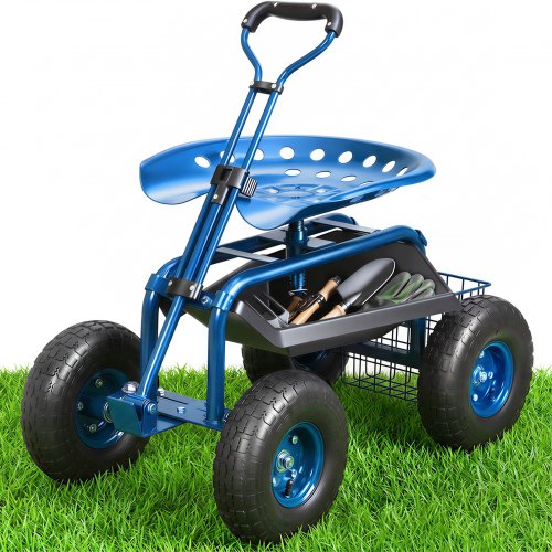 VEVOR Asiento de Jardín con Ruedas Taburete de Jardinería Giratorio de 360° con Ruedas Inflables Rueda de 25,4 cm 760x450x960 mm Mango Extensible Bandeja de Herramientas para Patio Exterior, Azul
