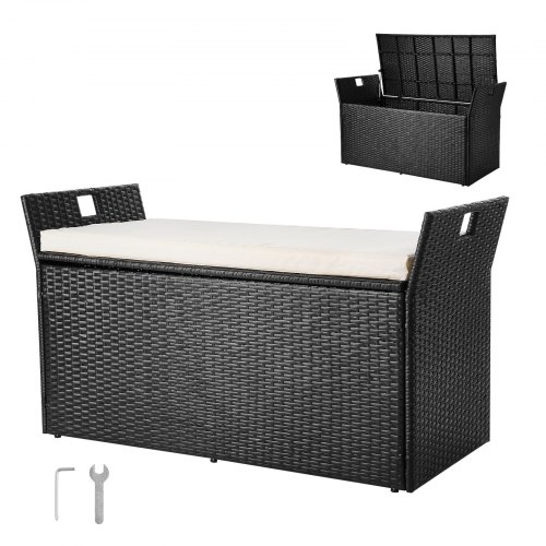 VEVOR Banco de Almacenamiento de Ratán Sintético Baúl de 125 x 55 x 70 cm con Cojín y Asas Laterales Asiento Cómodo para 2 Personas Soporta hasta 362,9 kg para Exterior, Jardín, Balcón, Patio