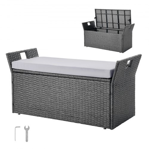 VEVOR Banco de Almacenamiento de Ratán Sintético Baúl de Terraza 104 x 45 x 52 cm con Cojín y Asas Laterales Asiento Cómodo para 2 Personas Soporta hasta 181 kg para Exterior, Jardín, Balcón, Gris