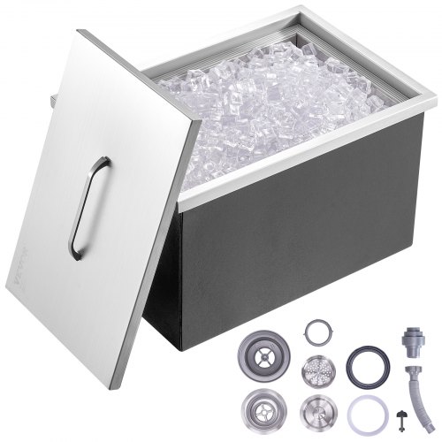 VEVOR Bandeja de Hielo Empotrada 43,5 L 558x430x306 mm Caja de Hielo Aislada con Tapa de Acero Inoxidable Conservador de Cubitos de Hielo para Bebidas Cervezas Frías Cocina al Aire Libre Bar Hogar