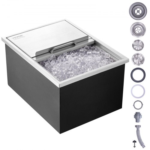 VEVOR Bandeja de Hielo Empotrada 55,23 L 608x457x333 mm Caja de Hielo Aislada con Tapa de Acero Inoxidable Conservador de Cubitos de Hielo para Bebidas Cervezas Frías Cocina al Aire Libre Bar Hogar