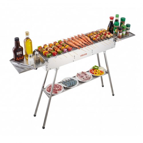 VEVOR Barbacoa de Carbón Plegable 0,16 m², Parrilla de Carbón Portátil con Bandeja de Carbón Elevable y Mesas Laterales, Barbacoa de Acero Inoxidable para Acampar al Aire Libre, Fiestas en Jardín