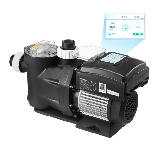 VEVOR Bomba para Piscina 1100 W de Velocidad Variable 1150 a 3600 rpm, Bomba de Filtración para Piscina, Caudal Máximo de 26.000 L/h, CA 220-240 V, Altura Máxima de Descarga de 15 m con Temporizador