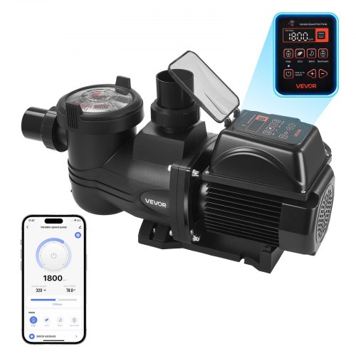VEVOR Bomba para Piscina 1650 W de Velocidad Variable 1000 a 2900 rpm, Bomba de Filtración para Piscina, Caudal Máximo de 33.000 L/h, CA 220-240 V, Altura Máxima de Descarga de 17 m con Temporizador