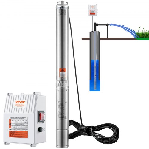 VEVOR Bomba Sumergible para Pozo Profundo, 1500W 230V 50Hz, 9,8 m³/h 108 m de Cabezal, con Cable de 19,4 m y Caja de Control Externa, Bombas de Agua de Acero Inoxidable para Uso Industrial, Riego y Doméstico, IP68 a Prueba de Agua