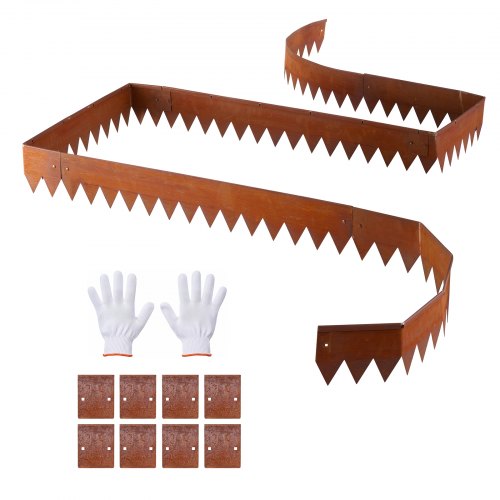 VEVOR Borde de Césped de Acero Corten, 1016 x 152 mm, 6 Piezas de Borde, 8 Placas de Conexión, Delimitador de Metal Exterior, Bordura de Jardín Flexible con Guantes para Paisajismo Senderos Parterres