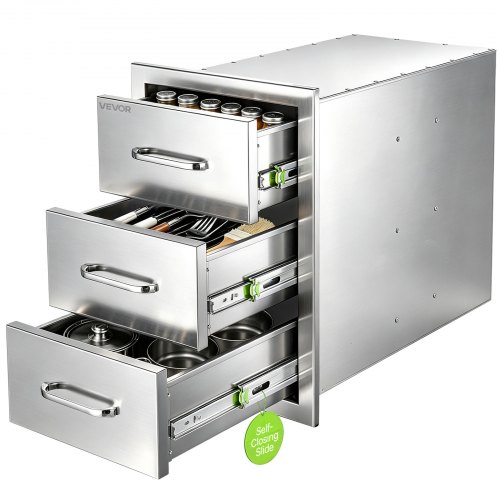 VEVOR Cajón de Cocina para Exteriores 35,2x50,5x57 cm (ANxALxPR), Acero Inoxidable, para Almacenamiento en Islas de Barbacoa y Estaciones de Parrilla, 3 Cajones para Organizar Utensilios de Cocina