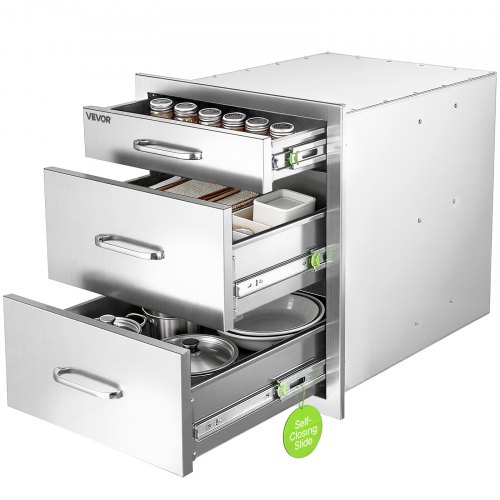 VEVOR Cajón de Cocina para Exteriores 51,8x52x44,2 cm, Acero Inoxidable, para Almacenamiento en Islas de Barbacoa y Estaciones de Parrilla, 3 Cajones para Organizar Utensilios de Cocina y Accesorios
