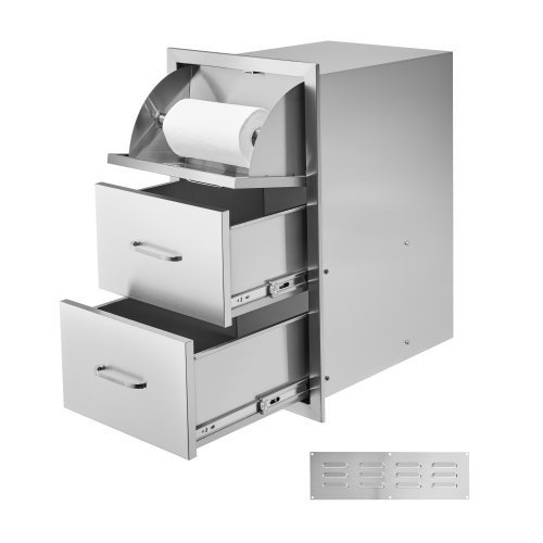 VEVOR Cajones de Cocina para Exteriores con Triple Acceso, Armarios Empotrados de Acero Inoxidable, Isla de Barbacoa con Portarrollos y Tirador, para Parrilla de Patio, 420 x 520 x 736±10 mm