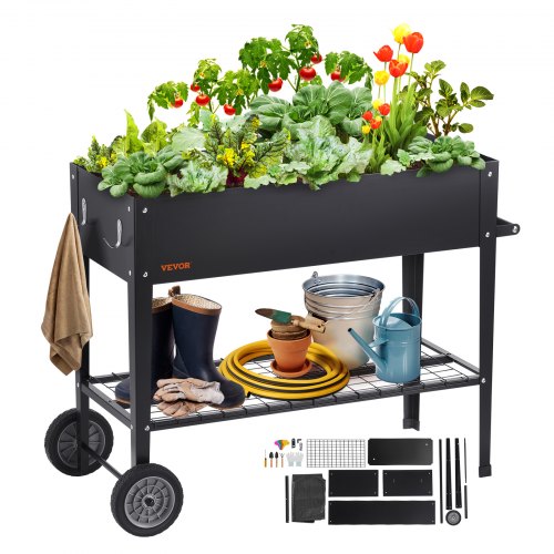 VEVOR Cama Elevada de Jardín 108 x 49,5 x 80 cm Jardinería Elevada de Metal Galvanizado para Cultivo de Flores Plantas Hierbas Huerto Urbano para Jardín Terraza Patio Balcón Negro con Accesorios