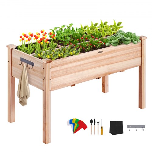 VEVOR Cama Elevada de Jardín 120 x 58 x 76 cm Jardinería Elevada de Madera de Abeto para Cultivo de Flores Plantas Hierbas Huerto Urbano para Jardín Terraza Patio Balcón Color de Madera con Accesorios