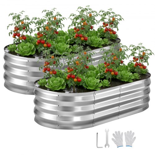 VEVOR Cama Elevada de Jardín 120 x 60 x 30 cm Ovalada, Arriate de Jardín de Metal con Base Abierta, para Cultivo de Flores Plantas Verduras con Accesorios para Patio Balcón, 2 Piezas, Plateado