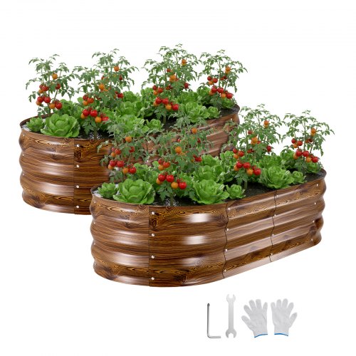 VEVOR Cama Elevada de Jardín 120x60x30 cm Ovalada, Arriate de Jardín de Metal con Base Abierta, para Cultivo de Flores Plantas Verduras con Accesorios para Patio Balcón, 2 Piezas, Color de Madera