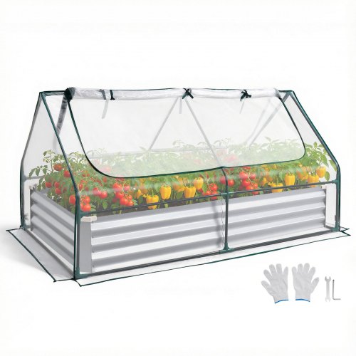 VEVOR Cama Elevada de Jardín 180 x 90 x 30 cm con Cubierta de Invernader, Arriate de Jardín de Metal con Base Abierta, para Cultivo de Flores Plantas Verduras con Accesorios para Patio Balcón