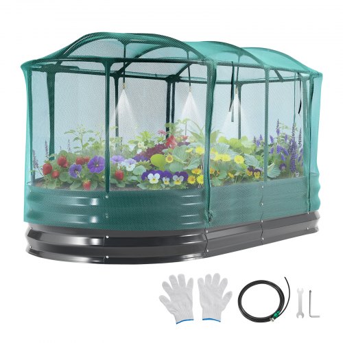 VEVOR Cama Elevada de Jardín 180 x 90 x 30 cm Ovalada con Riego Automático, Arriate de Jardín de Metal con Base Abierta, para Cultivo de Flores Plantas Verduras con Accesorios para Patio Balcón