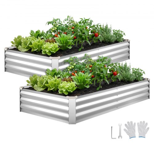 VEVOR Cama Elevada de Jardín 180 x 90 x 30 cm Rectangular, Arriate de Jardín de Metal con Base Abierta, para Cultivo de Flores Plantas con Accesorios para Terraza Patio Balcón, 2 Piezas, Plateado