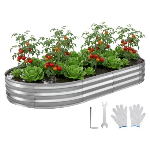 VEVOR Cama Elevada de Jardín 240 x 120 x 30 cm Ovalada, Arriate de Jardín de Metal con Fondo Abierto, para Cultivo de Flores Plantas Verduras con Accesorios para Patio, Balcón, Terraza, Plateado